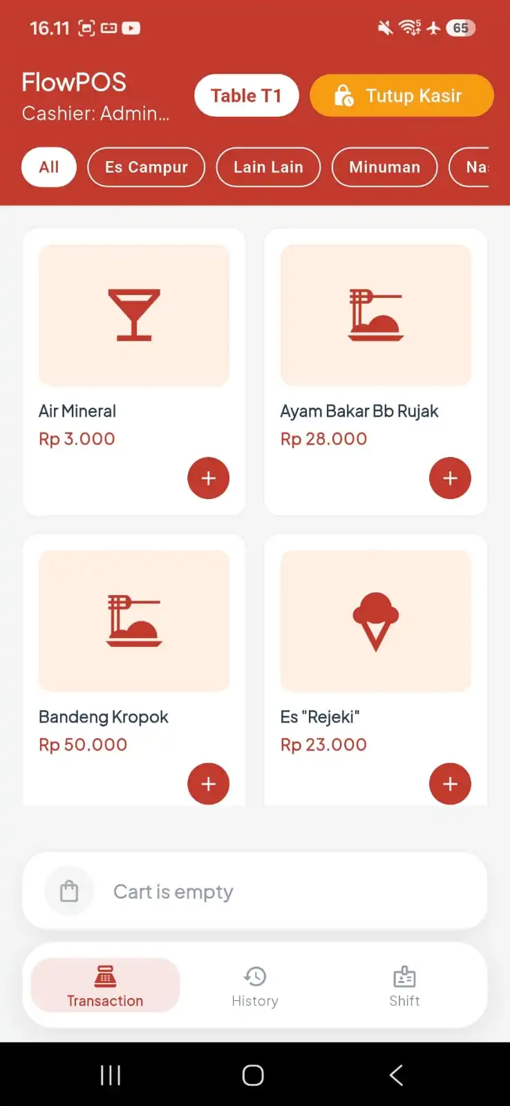 Tampilan transaksi aplikasi FlowPOS